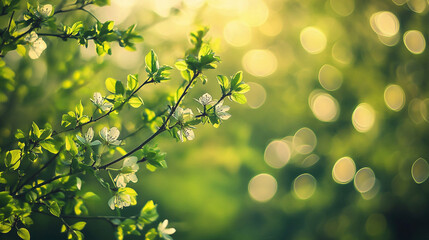 Morning sees blooming of lovely white flowers, blurred green background with soft, diffused hues and gentle transitions, copy space