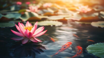 Pink water lily blossoms with koi fish in a pond at sunset.