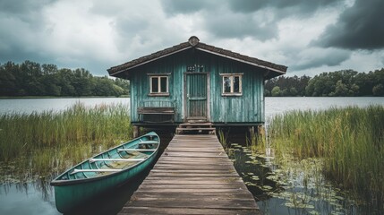 Fototapeta premium Rustic teal lake house with wooden dock and rowboat under stormy sky.