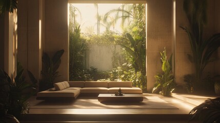 Fototapeta premium Sunlit interior lounge with tropical garden view.