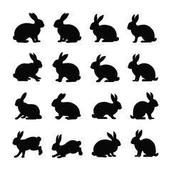 Silhouettes of easter bunnies isolated on a white background. Set of different rabbits silhouettes for design use.