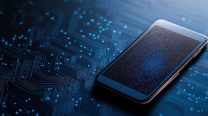 Modern smartphone on abstract blue digital circuit pattern with glowing elements and a dark background
