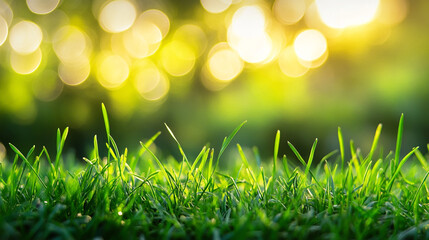 Obraz premium Green meadow with morning sunshine, Sunlit grass glimmers in a peaceful outdoor setting during a bright summer afternoon