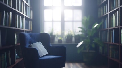 Serene library with blue armchair, bookshelves, and sunlit window.