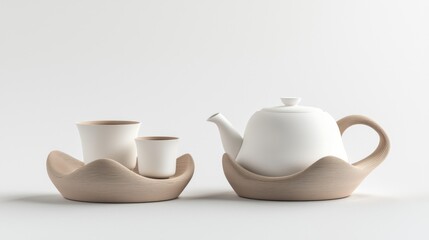 Modern 3D-Printed Organic Tea Set with Harmonious Design for Elegant Serving | 3D Render Model on White Background