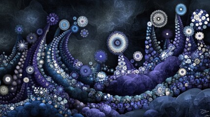 Obraz premium Abstract fractal art depicting a fantastical landscape with swirling, flower-like formations in shades of blue and purple.