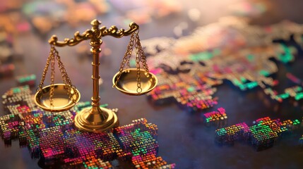 A global finance law concept with scales of justice overlaid on a world map filled with stock market symbols