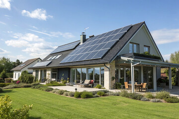 Solar panels on the roof of a modern home