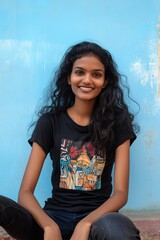 Fototapeta premium Young Woman Smiling in Front of Blue Wall Wearing Artistic T-Shirt