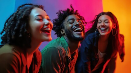 Naklejka premium Joyful Friends Laughing Together Against a Colorful Background