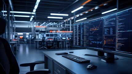 High-Tech Workspace with Multiple Monitors Displaying Data Analytics in Modern Office Environment