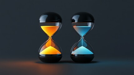 Two hourglass timers, one glowing orange, the other glowing blue, sit side-by-side against a dark background.