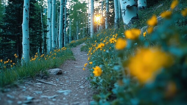 Sunset path through aspen grove with wildflowers.