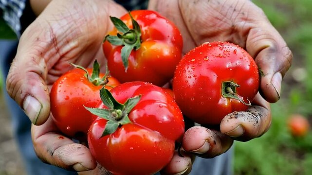 Close-up of a farmer's weathered hands,  holding a collection of freshly picked, vibrant red tomatoes. Freshness, authenticity, local production, orchard.
