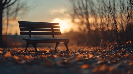 Lonely park bench at sunset, covered in autumn leaves.