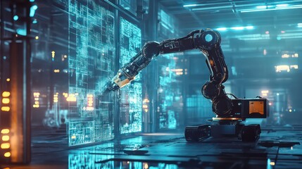 Futuristic robotic arm interacting with holographic interface in a high-tech factory.