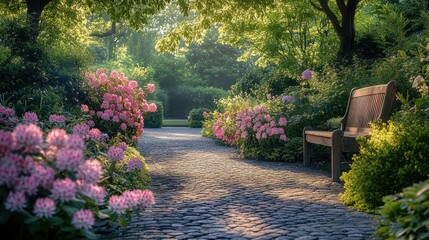Obraz premium Serene garden path with wooden bench, blooming pink flowers, and sunlit cobblestones.