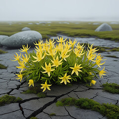 Goldmoss stonecrop (Sedum acre) flowers on a rock 