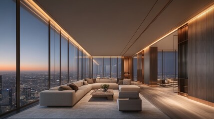 Luxurious modern living room with panoramic city view at sunset.