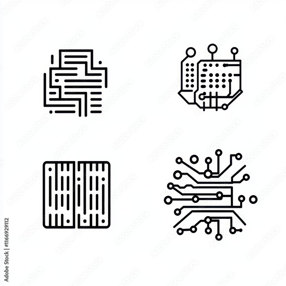 Poster abstract circuit designs in minimalist style, featuring intricate line patterns and geometric shapes