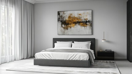 Modern minimalist bedroom with gray bed, white linens, abstract art, and large windows.