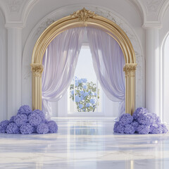 Enchanted Garden Photography Backdrop: Whimsical Garden Setting with Blue and Pink Florals, Lace, and Flowing Curtains for Photoshoots	
