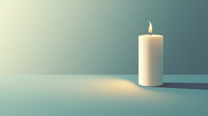 Single white candle burning brightly on teal surface.