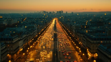 Aerial view of a bustling cityscape at dusk, with glowing streetlights and blurred traffic. urban complexity, unanswered questions,mystery