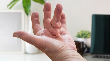 Hand of a person with Dupuytren's contracture, which does not allow to bend the finger.
A disease...