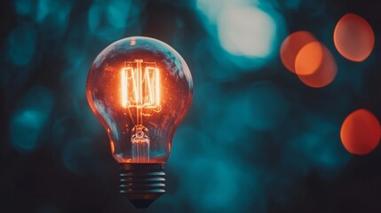 Glowing lightbulb against a teal backdrop. Warm light contrasts with cool background.