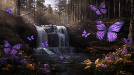 Magical waterfall cascading through a mystical forest with purple butterflies and wildflowers.