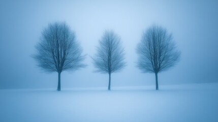 Fototapeta premium Three bare trees in a foggy, snowy field.