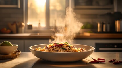 Warm Spicy Fried Rice with Anchovies and Chili Garnish