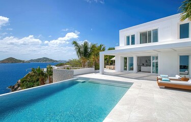 Fototapeta premium A wide-angle photo of the exterior of an elegant, modern villa