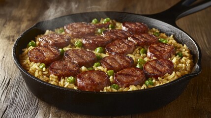 Steaming Fried Rice with Sliced Sausage in Cast Iron Pan