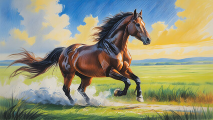 Brown horse gallops powerfully across a green field under a vibrant blue and yellow sky.