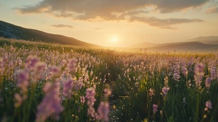Obraz premium Sunrise over a field of wildflowers in a mountain valley.