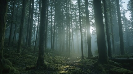 Obraz premium Sunlit path through misty, moss-covered forest with tall trees.