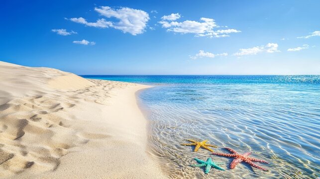 Sand dunes merging with tidal pools, colorful starfish visible in the water, a blend of wildlife and textured coastal scenery - Powered by Adobe