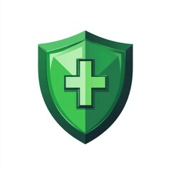 Obraz premium Green protective shield icon symbolizing security and health, featuring a medical cross.