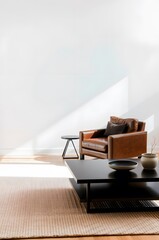 Sophisticated Living Room with Leather Armchair and Textured Rug - Luxury Wall Mockup