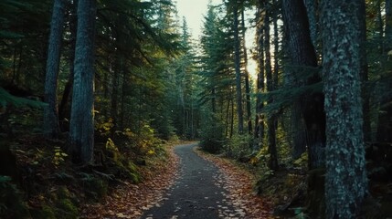 Winding forest path at sunset, autumn leaves on the ground, sunlight through trees.