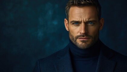 Obraz premium Man in dark blue suit and turtleneck serious expression deep blue background studio lighting