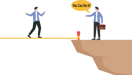 Businessman motivate his friend to cross the cliff by saying 