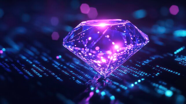 A glowing violet and blue diamond symbolizes digital wealth, crypto, and NFT ownership, Subtle binary code overlays enhance the futuristic theme, representing blockchain technology - Powered by Adobe