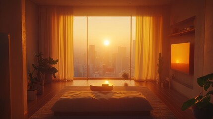 Sunrise view from a minimalist apartment living room with floor mattress, plants, and TV.
