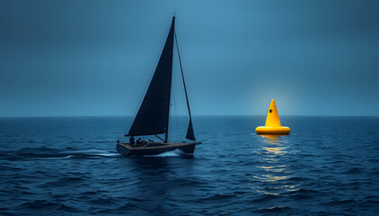 Fototapeta premium Dark sailing boat close to yellow buoy during the race, one line art. isolated with white highlights