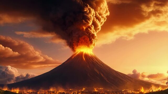Majestic volcanic eruption at sunset with fiery lava and smoke.