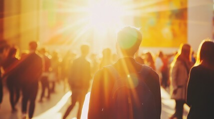 Backlit man with backpack amidst a crowd at sunset.