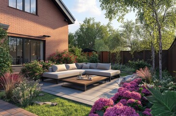 Naklejka premium Modern garden with a terrace and a sofa set, a red brick house in the background
